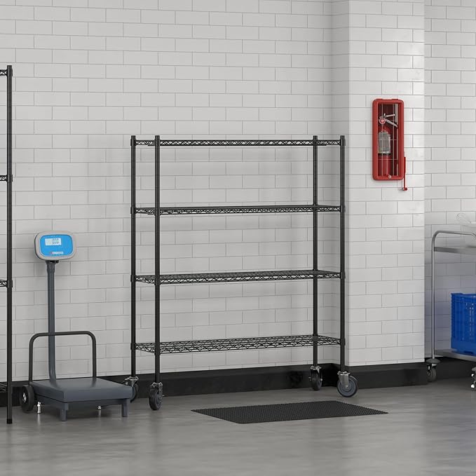 Commercial NSF Listed Black Epoxy Mobile Wire Shelving Kit 14" x 48" x 60", with 4 Shelves Perfect for Warehouse, Walk-in Refrigerator, Freezer, Grocery Store, Restaurant, Dishroom