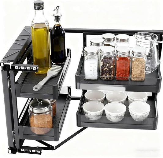 2 Tiers Blind Corner Cabinet, 14" Blind Pull Out Corner Cabinets, Right/Left Installed Rectangular Pull-Out Organizers w/4 Adjusted Height Basket, 2Three-section Full-cloth Roller Glides, Soft Close