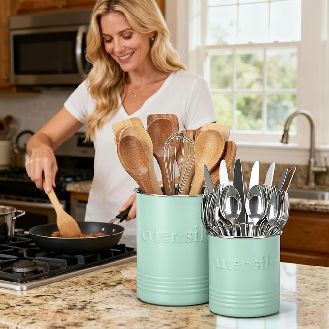2 Pack Kitchen Utensil Holder for Counter 6.7"+4.7" Farmhouse Cooking Utensil Crock with Cork Bottom Modern Farmhouse Decors Countertop Storage Organizer Caddy Housewarming Gift(Sage Green)