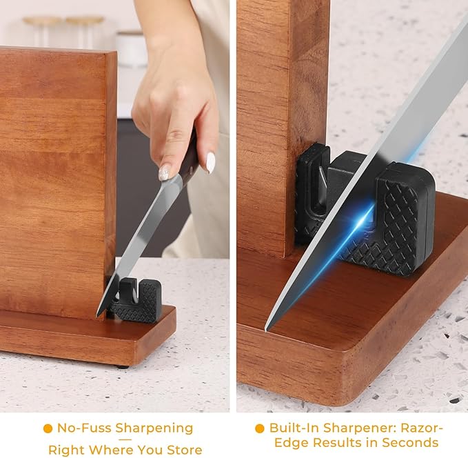 Magnetic Knife Block with Sharpener, Double-Sided Magnetic Holder & Knife Sharpening Stone,Wood Countertop Knives Block Holder,Knives Storage Organizer Rack, No Knives Included