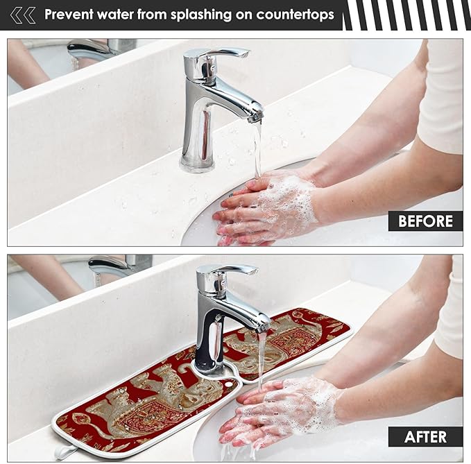 2 PCS Kitchen Sink Splash Guard 14.9 Inch Faucet Mat for Kitchen Sink Bathroom Sink Faucet Absorbing Drip Drain Mat Pad Microfiber Soft Washable Retro Red Elephant Flowers