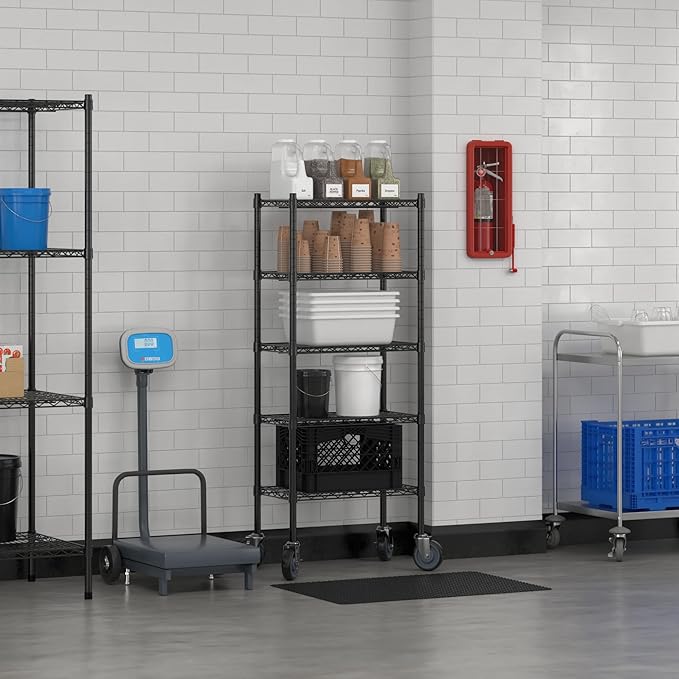 Commercial NSF Listed Black Epoxy Mobile Wire Shelving Kit 14" x 24" x 60", with 5 Shelves Perfect for Warehouse, Walk-in Refrigerator, Freezer, Grocery Store, Restaurant, Dishroom