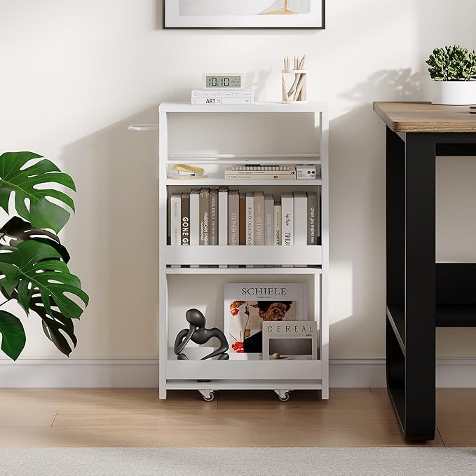 ChooChoo 4-Tier Bathroom Storage Cart, 7.87 inches Wide Narrow Storage Cabinet with 360° Wheels and 2 Hooks, Laundry Room Storage Organizer for Kitchen, Narrow Places, Living Room, White