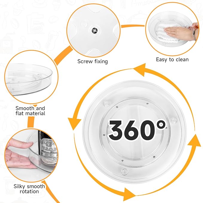 2 Pack Clear Lazy Susan Organizer Turntable, 10.6 & 9.25 Inch Acrylic Lazy Susan Turntable for Cabinet Non-Skid 360° Rotating Spice Rack, Refrigerator, Bathroom, Kitchen, Pantry Organizer