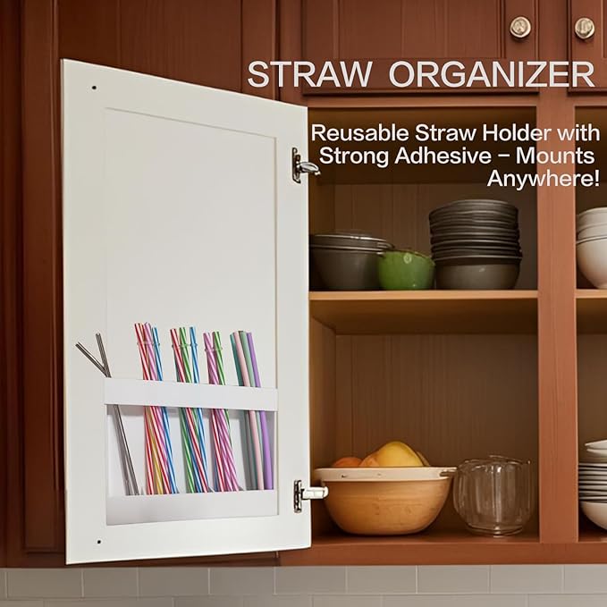 White Acrylic Straw Holder & Tumbler Organizer for Cabinet Door, Countertop – Reusable Straw Storage Dispenser, Kitchen Cabinet Organizer for Straws, Accessories (white)