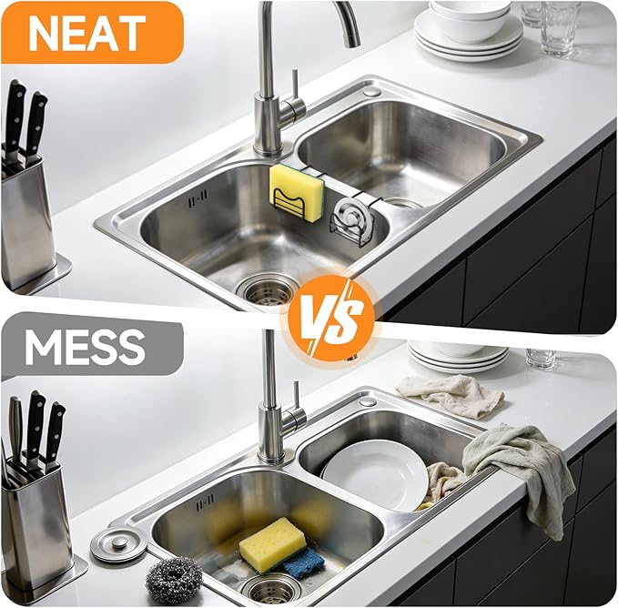 2 Pack Sponge Holder for Kitchen Sink - Movable Hanging Sponge Caddy Organizer, Stainless Steel Caddy in Over Double Bowl Sink for Stopper, Brush
