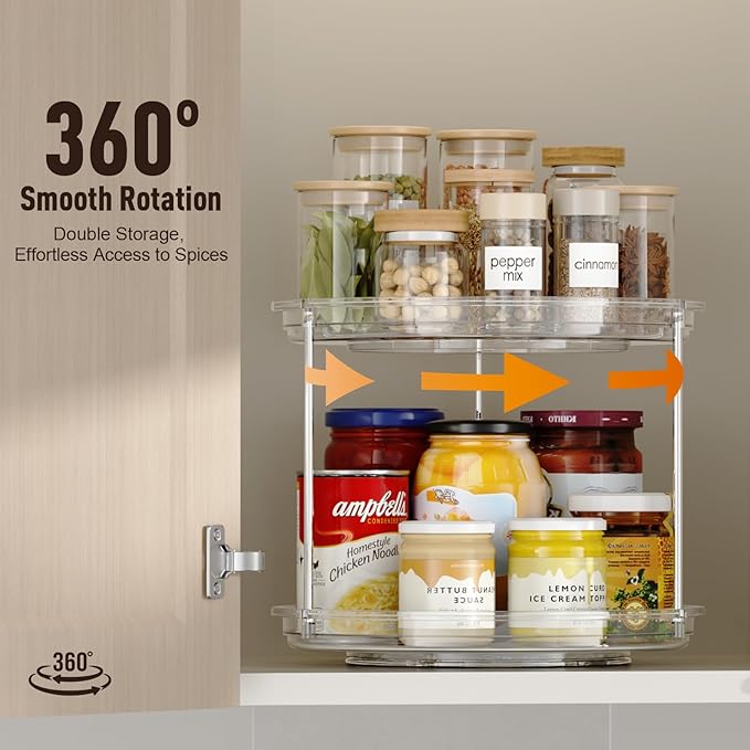 2 Tier Lazy Susan Organizer, 9.25'' Lazy Susan Turntable for Cabinet, Stackable Turntable Organizer Rotating Spice Rack Organization for Kitchen Countertop, Pantry, Bathroom, Clear