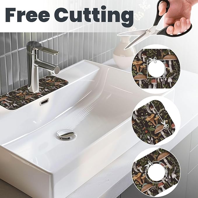 Mushroom Mushrooms Fern Forest Autumn Kitchen Sink Splash Guard Faucet Mat Super Absorbent Fast Drying Mat Sink Gadgets-Fast Drying Pad Sink Mat For Kitchen Bathroom (15" X 5.5" )