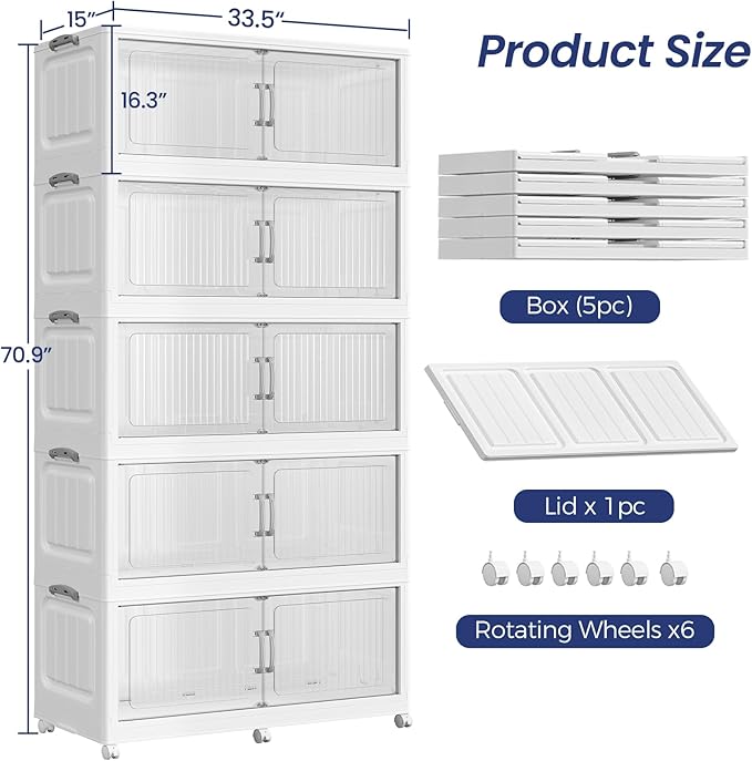 250Gal Extra Large Stackable Storage Bins with Lid, 1000QT Foldable Collapsible Storage Box with Doors and Wheels, Plastic Closet Organizers Container Drawer for Bedroom Dorm Kitchen, 5Pack