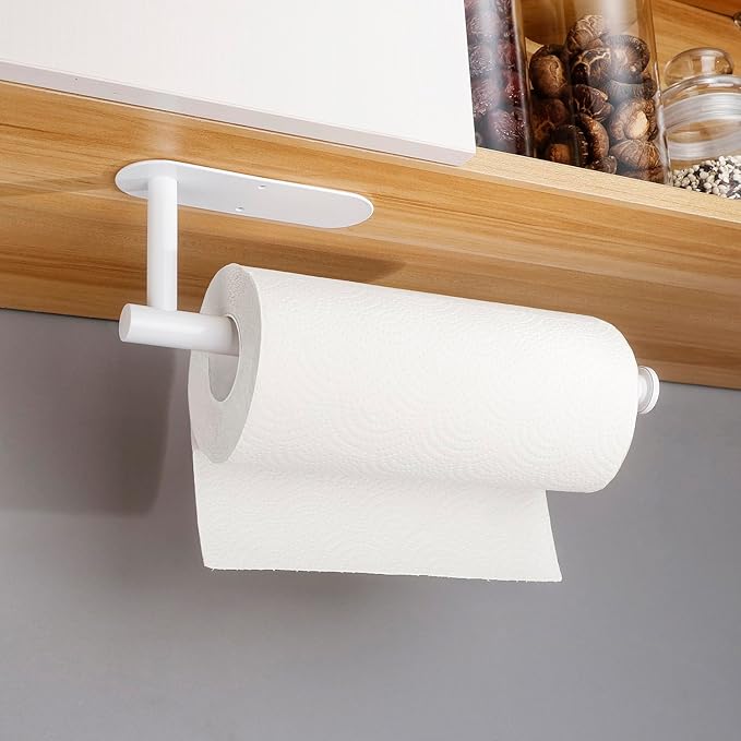 White Paper Towel Holder - Self Adhesive or Drilling, Under Cabinet Paper Towel Holder for Kitchen, Adhesive Paper Towel Roll Rack for Bathroom Towel, SUS304 Stainless Steel