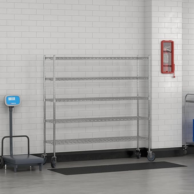 Commercial NSF Listed Chrome Mobile Wire Shelving Kit 14" x 60" x 60", with 5 Shelves Perfect for Warehouse, Walk-in Refrigerator, Freezer, Grocery Store, Restaurant, Dishroom