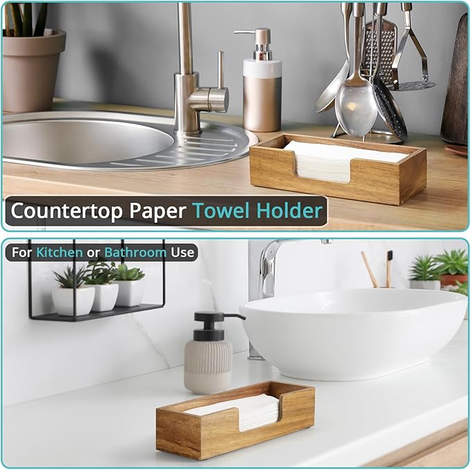 Paper Towel Dispenser Countertop, Acacia Wood Bathroom Paper Towel Holder, Black Napkin Holder for Kitchen, Countertop Multifold C-Fold, Z-Fold, Trifold Paper Hand Towel Dispenser for Toilet