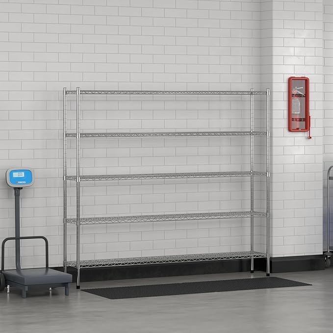 Commercial NSF Listed Chrome Stationary Wire Shelving Kit 12" x 72" x 64", with 5 Shelves Perfect for Warehouse, Walk-in Refrigerator, Freezer, Grocery Store, Restaurant, Dishroom