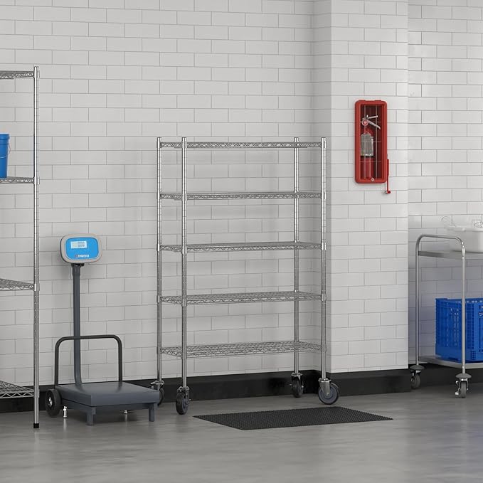 Commercial NSF Listed Chrome Mobile Wire Shelving Kit 14" x 36" x 60", with 5 Shelves Perfect for Warehouse, Walk-in Refrigerator, Freezer, Grocery Store, Restaurant, Dishroom