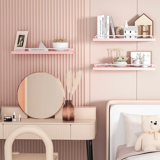 Pink and White Floating Shelves, Kawaii Room Decor Wall Shelves - Set of 3 for Living Room, Bedroom, Kitchen, Picture Frames, Plants