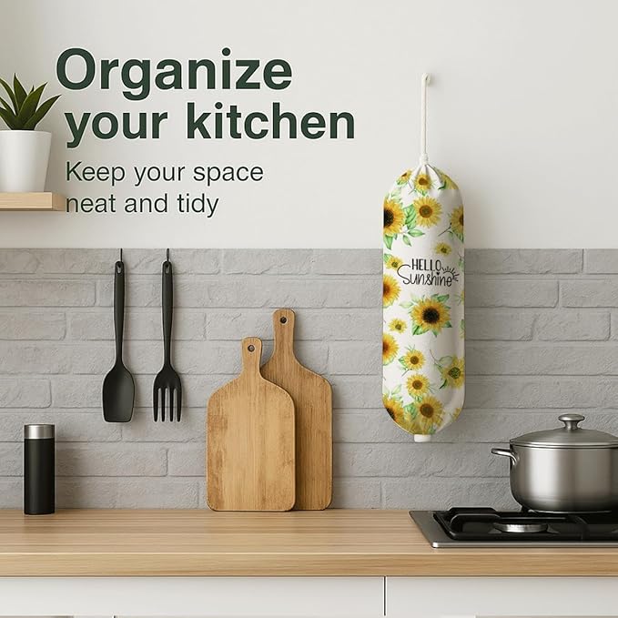 Sunflower Plastic Bag Holder, Hello Sunshine Plastic Bag Holder for Kitchen Essentials, Reusable Hanging Plastics Sack Dispenser, Floral Trash Sack Storage Dispenser for Home Decor
