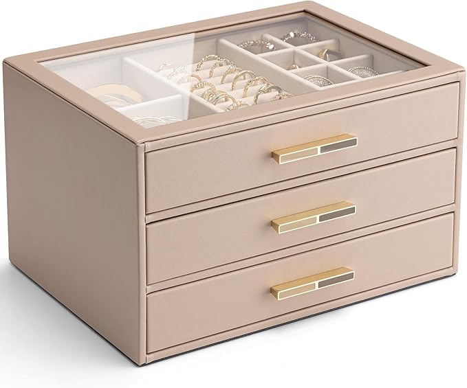 VLANDO 3 Layer Jewelry Box for Women, Mothers Day Gifts for Women, Glass Lid Jewelry Organizer with 3 Drawers for Necklaces Rings Earrings Bracelets - Toffee