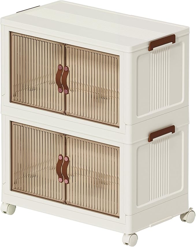 ONAIL Folding Storage Bins Organizer, Foldable Stackable Plastic Storage Bins with Lids & Doors, Collapsible Drawer Boxes Containers with Wheels for Clothes, Home, Room, White, 2 Tiers