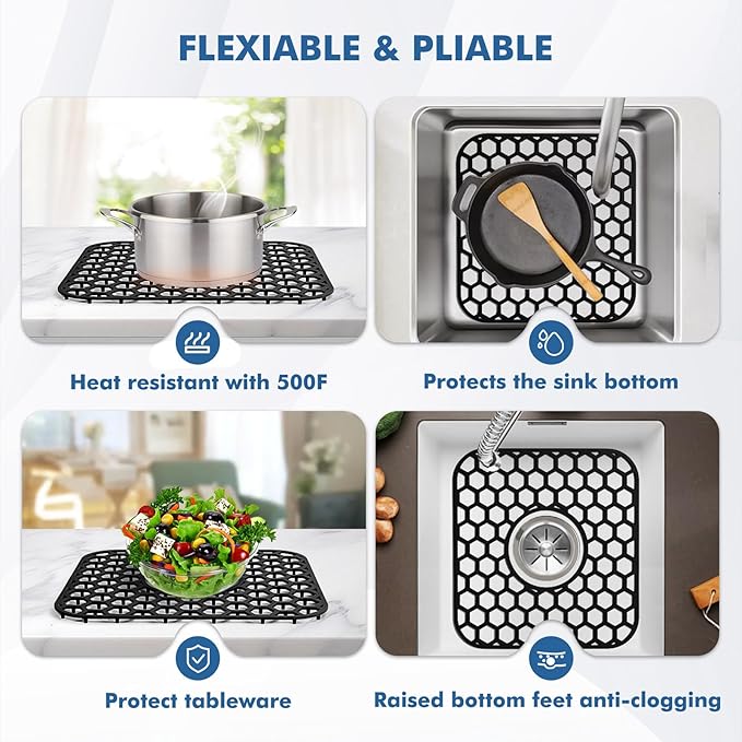 Bestjing Silicone Sink Protectors for Kitchen Sink - 12" x 11" Kitchen Grid Accessory, Non-Slip Heat-Resistant Mat for Bottom of Porcelain Stainless Steel, Dishwasher Safe (Black)