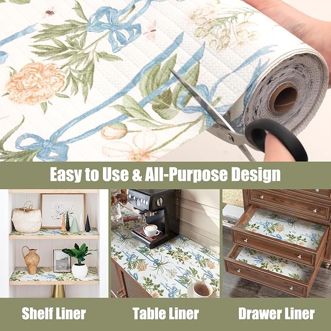 Drawer and Shelf Liner for Kitchen Cabinets Non Adhesive Cabinet Liners Floral Shelf Liners Strong Grip Non-Slip Drawer Liner Waterproof Easy to Clean Cupboard Shelves Dresser Liner 23.6IN x 10FT