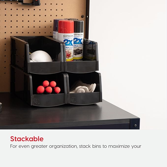 IRIS USA Medium Stackable Storage Bins, 4-Pack, 11"L x 6"W x 5"H, |Made in USA|, Plastic Open Front Shelf Bin for Organizing Parts, Hardware, Tools, Supplies, Garage Shelf, Pantry - Black
