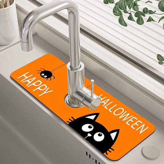 Halloween Cute Black Cat Kitchen Sink Splash Guard Mat Absorbent Fast Drying Mat Faucet Draining Mat Sink Splash Guard Behind Faucet Drip Catcher for Kitchen Bathroom 5.5"×15"