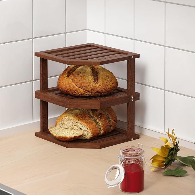 Bamboo Corner Shelf(2 Pack),2 Tier Plate Organizer for Cabinet and Countertop,Pantry Dish and Spice Rack for Kitchen（Brown）