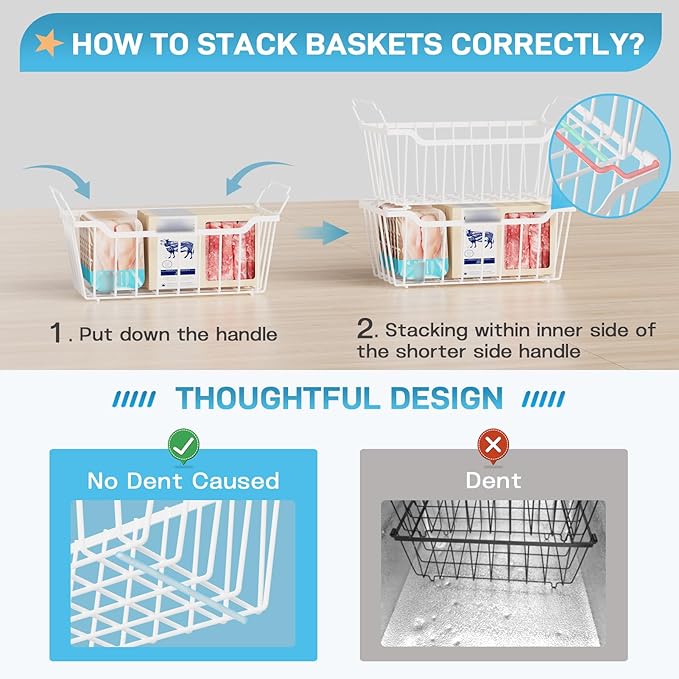 Freezer Organizer Bins, 8 Pack Chest Freezer Organizer Stackable for 5-7 Cu.FT Deep Freezer Sort Frozen Meats and Food, Freezer Storage Baskets with Handles Easy Reach from Bottom, White