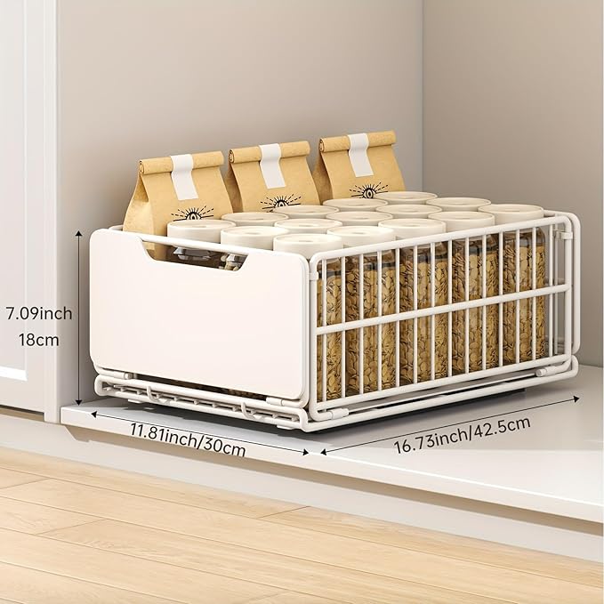 Pull Out Cabinet Organizer Fixed with Adhesive Nano Film, 1 Pack Sliding Mesh Cabinet Basket with Handle, Heavy Duty Slide out Pantry Shelves Drawer Storage for Home, Kitchen, Bathroom, Cream
