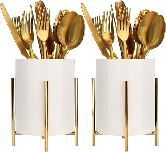 2 Set Silverware Caddy for Countertop,Sturdy Ceramic and Sturdy Metal Frame,Buffet Tableware, Party Table Decorations