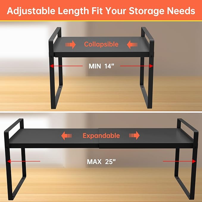 (2-Pack) 11" Cabinet Shelf Organizer Set, 14"~25" Expandable Shelves for Kitchen Cabinets & Cupboards, Perfect for Dishes, or Small Appliance Storage