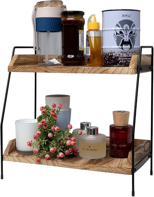 QUALLON Coffee Bar Accessories and Organizer, Coffee Station Organizer 2 Tier Bathroom Counter Organizer, Wood Coffee Tray, Bathroom Vanity Organizer, Countertop Shelf for Kitchen, Coffee Lover