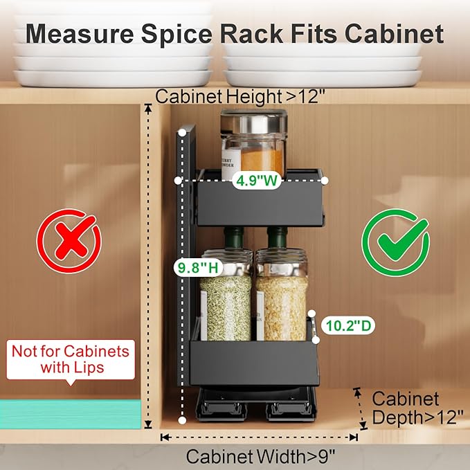iSPECLE 2 Pack Pull Out Spice Rack - Rotate Peel and Stick No-Drill Vertical Spice Rack Organizer for Cabinet Easy Access Spices, Adjust Height for 4oz to 8oz Spice Jars, Fits Small Pantry Cabinet
