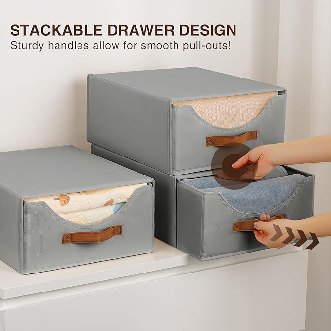 Stackable Storage Drawers - Large Collapsible Storage Bins with Drawers, 8 Pack Closet Shelf Organizer Basket, Fabric Pull Out Organizer for Bedroom, Living Room, Dorm, Grey
