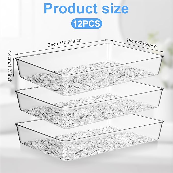 12 Pcs Plastic Drawer Organizer Trays, 10" x 7", Acrylic Organizers with Pebble-textured Clear Desk Storage Tray for Makeup, Jewelries, Kitchen Utensils, Bathroom and Office