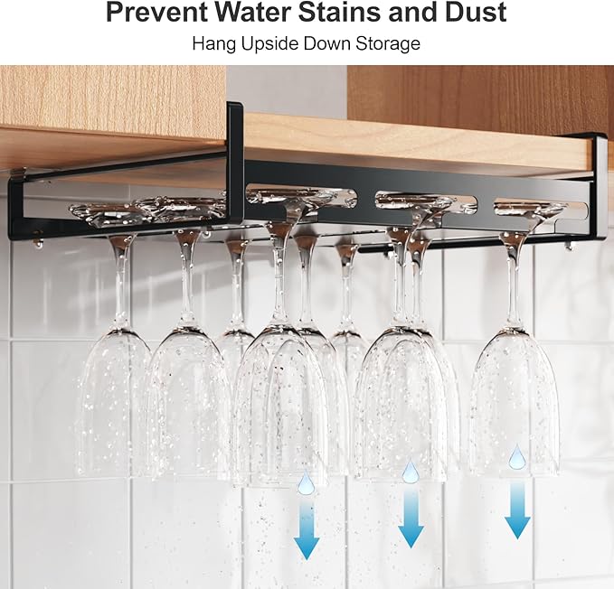 iSPECLE Wine Glass Holder - 3 Rows Under Cabinet Stemware Rack Holds 9 Wine Glasses Upside Down, Quick Access & Tidy Storage for Bar Kitchen, Black