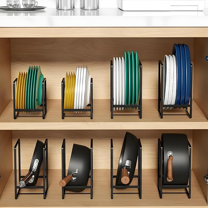 4 Pack Kitchen Plate Organizer for Cabinet, Space Saver Metal Dish Plate Storage Rack Upright Plate Dish Drying Racks Stand for Cupboard and Countertop, 2 Large & 2 Small Black