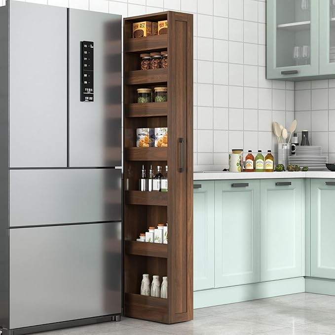 7-Tier Slim Pull-Out Storage Cabinet 15.75" W x 70.75" H Narrow Pantry Organizer Shelf for Kitchen Between Refrigerator Counter Gap, Walnut