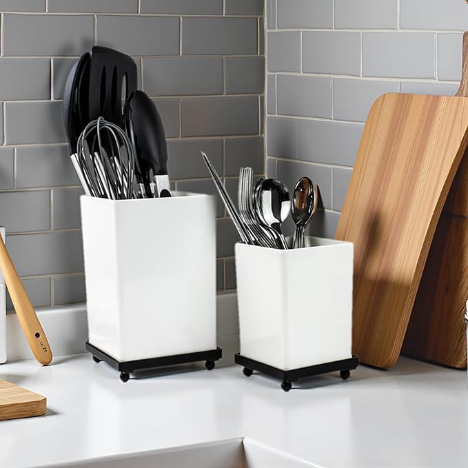 Tiered Counter Utensil Holder Set with 6.5" & 4.7" Removable Drainage Bins, Dual Kitchen Utensil Crock for Cooking Dining Utensils & Spatulas, White