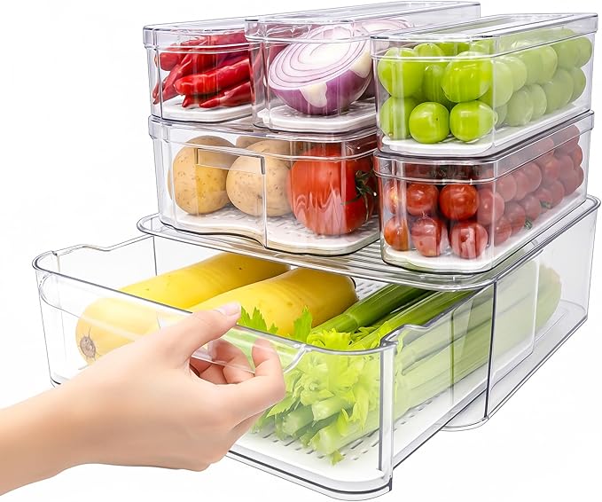 6 Pack Refrigerator Organizers, Clear Pull-out Drawer Container and Organizer Bins with Lids, Stackable Storage Containers for Fruits, Vegetable (Set of 6 (Include Pull-out Drawer))