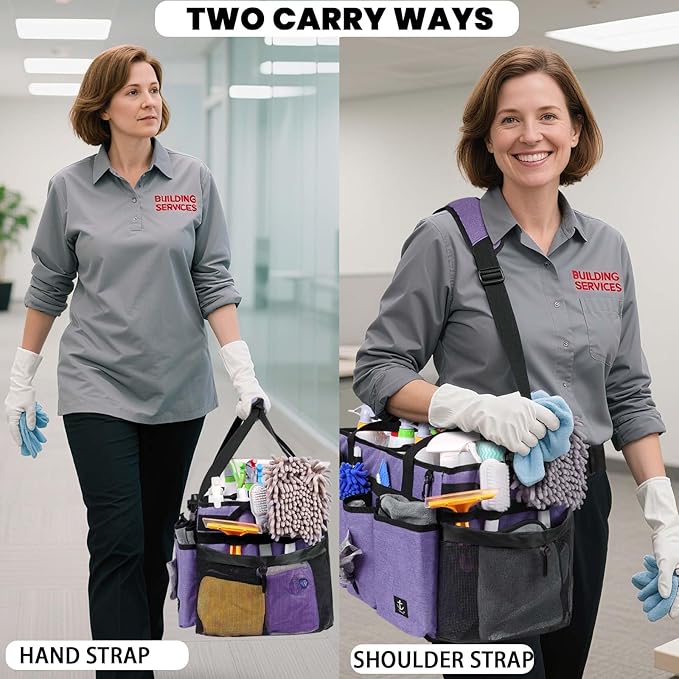 Timoxi Extra large Cleaning Caddy Bag Built-in Sturdy Support Board, Cleaning Organizer with Detachable Divider, Cleaning Supply Tote with Adjustable Shoulder Strap (Purple, 19'' x 11'' x 11'')