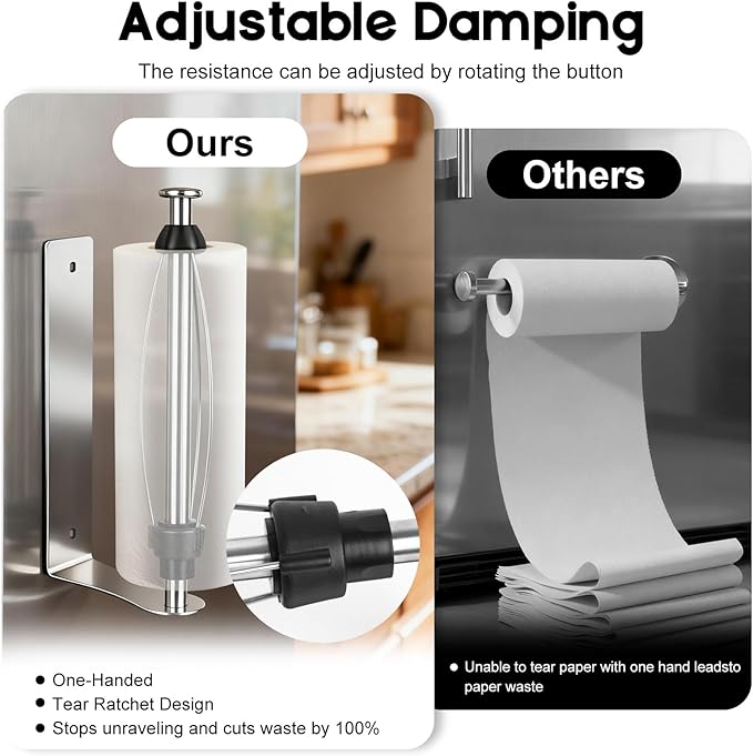 Magnetic Paper Towel Holder with Adjustable Damping, One Hand Tear, Smooth Tension Control, Strong Magnet & Self Adhesive Wall Mount, No Drilling for Kitchen, Fridge, RV, Garage, Grill (Silver)