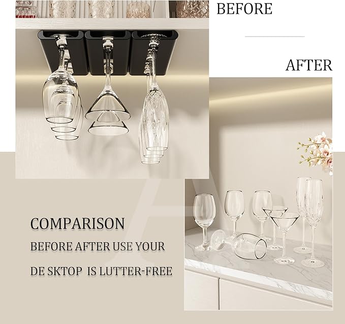 Wine Glass Holder, 2-Pack Under Cabinet Rack, Punch-Free Stemware Rack for Kitchen and Bar (Black)