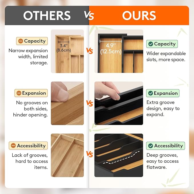 Lifewit Silverware Drawer Organizer, Expandable Utensil Tray for Kitchen, Bamboo Flatware and Cutlery Holder, Wood Adjustable Storage for Spoons Forks Knives, 13-22x15"/ 33 -56x38cm, Natural and Black