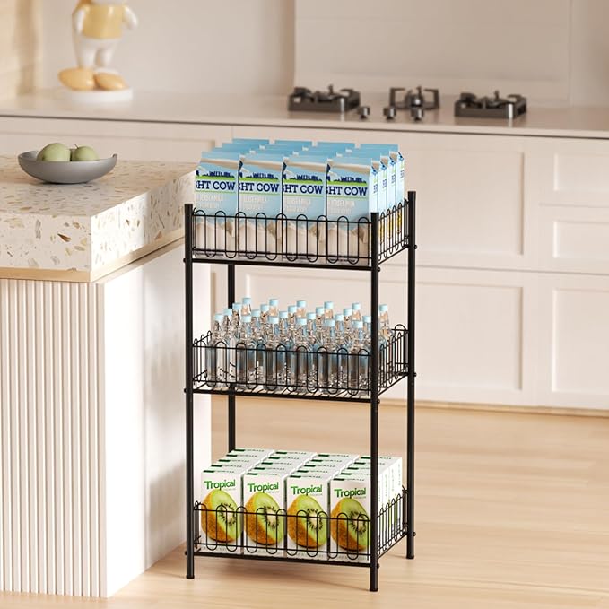 Vrisa 3 Tier Water Bottle Holder Fenced Freestanding Bottled Water Organizer Stand Beverage Drink Soda Can Storage Rack for Pantry, Kitchen, Home Party, Classroom