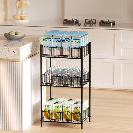 Vrisa 3 Tier Water Bottle Holder Fenced Freestanding Bottled Water Organizer Stand Beverage Drink Soda Can Storage Rack for Pantry, Kitchen, Home Party, Classroom