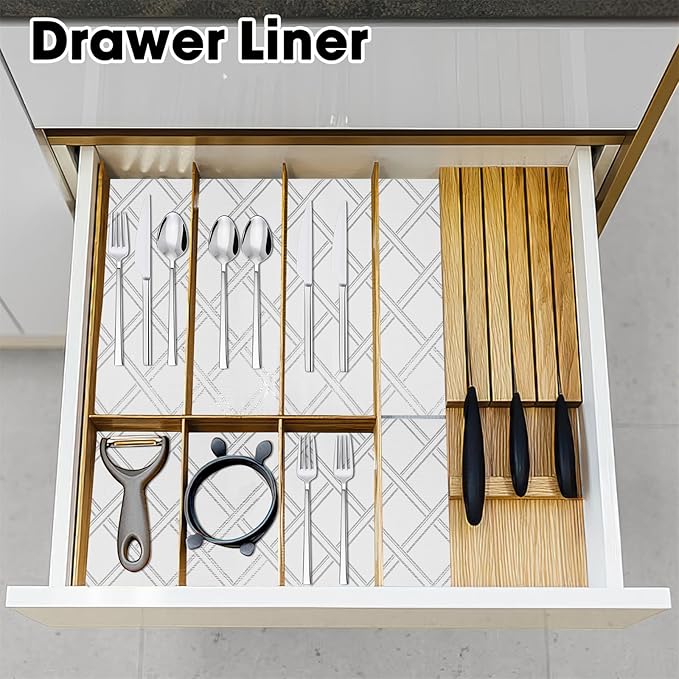 Gopas Drawer and Shelf Liner for Kitchen Cabinets Non-Adhesive, Non-Slip Cabinet Liner Shelf Paper Strong Grip Waterproof Easy to Clean for Kitchen Shelves Cupboard,Silver Geometric,12IN X 30FT