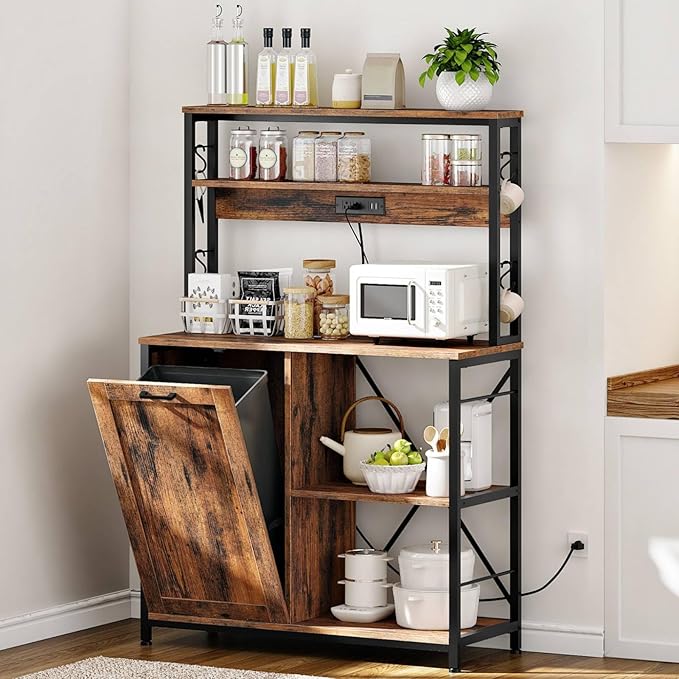 HOOBRO Bakers Rack with Power Outlet, Microwave Stand with Trash Can Bin Cabinet, 5-Tier Kitchen Storage Shelf Cabinet, Tall Coffee Bar Table Station for Dining Room, Rustic Brown and Black BF50UHB01