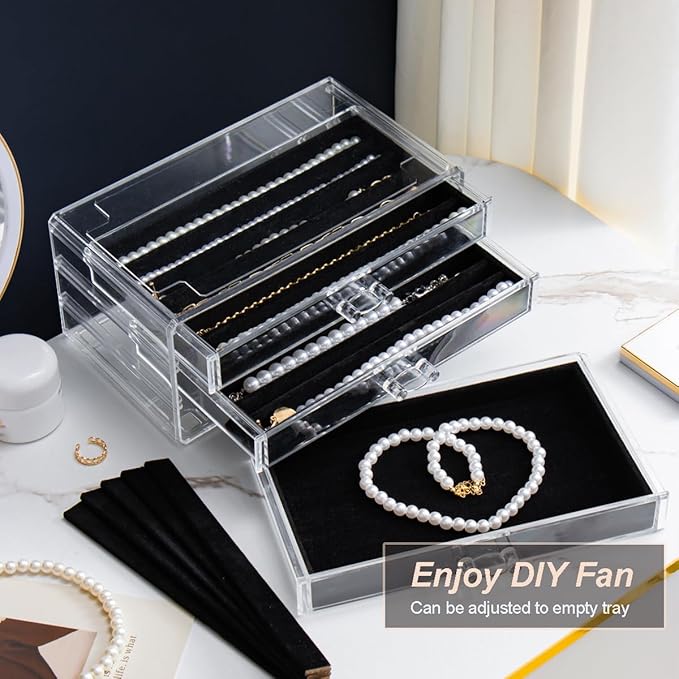 Necklace Holder Organizer, Dustproof Necklace Box Velvet Necklace Organizer Box with Lid Clear Acrylic Dustproof Stackable Jewelry Displays for Necklaces Chain Display (Black, 5 Drawer)
