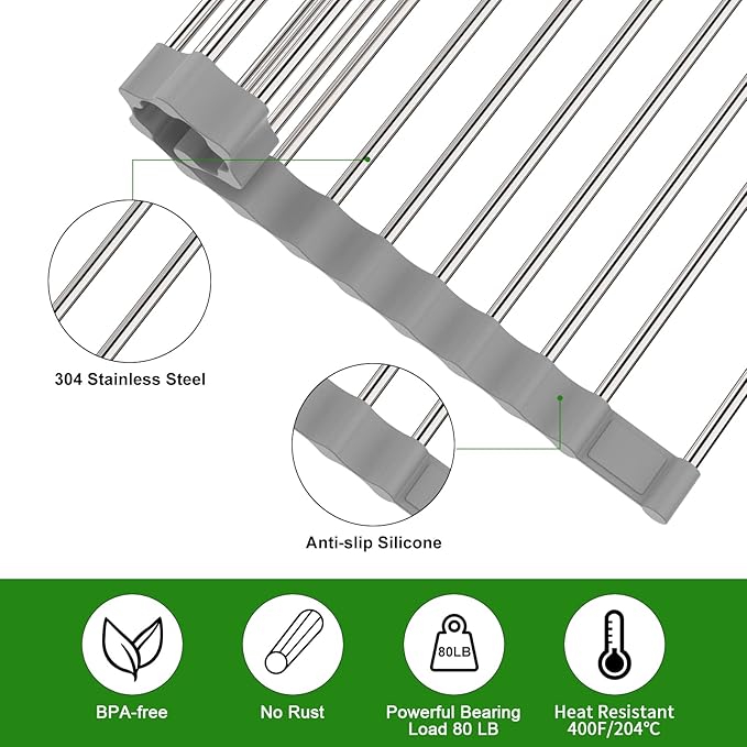 Expandable Roll Up Dish Drying Rack, 23.6"L x 13.0"W Large Stainless Steel Over The Sink Dish Drying Rack with Silicone Wrapped Anti-Slip Foldable Multipurpose Dish Drainers for Kitchen Sink